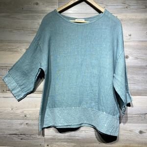 Bella Umbra 100% Linen Top Blue Green Sequin Lagenlook Coastal Italy Size Medium